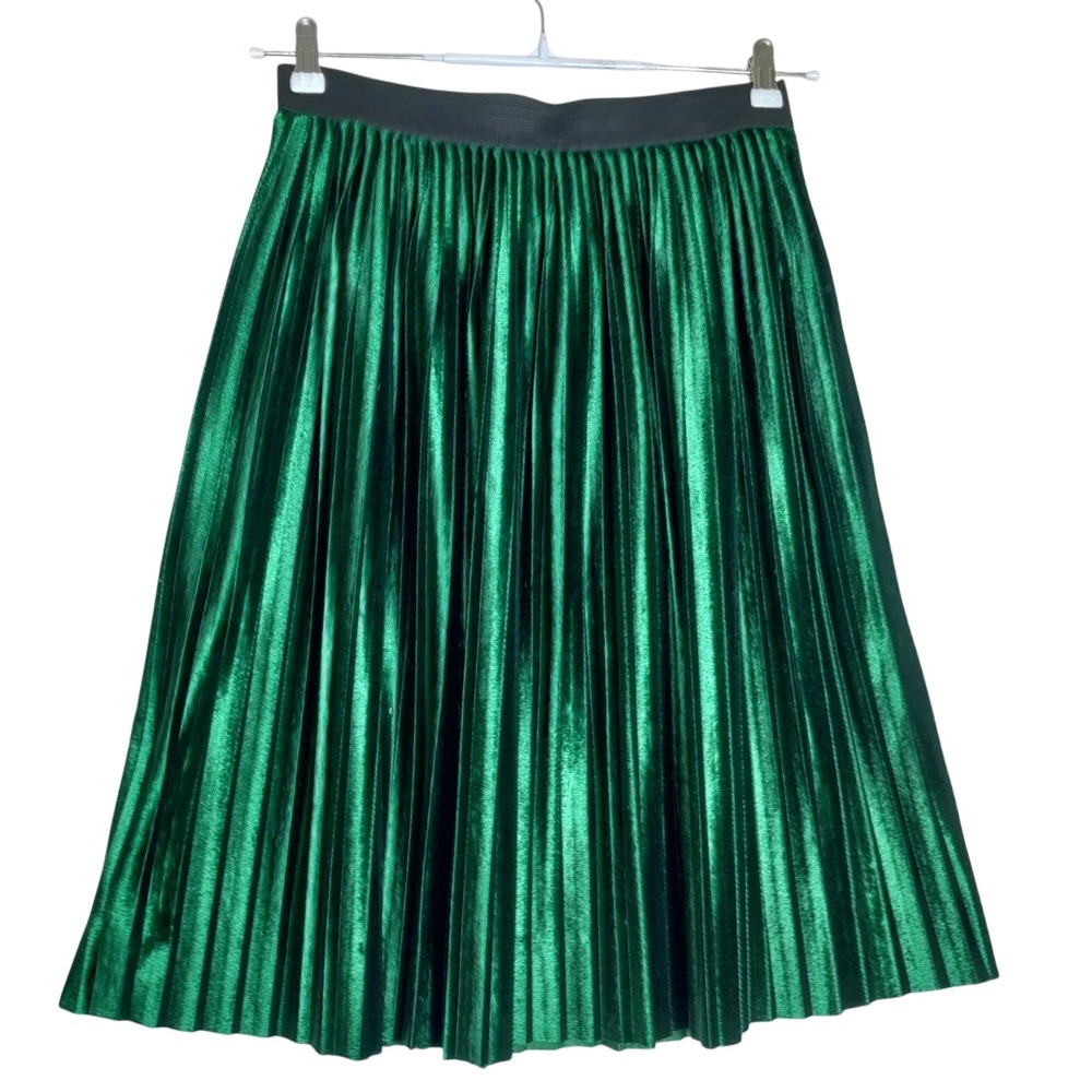 Lili's Closet Womens Metallic Green Pleated Midi Skirt Elastic Waist Size MP